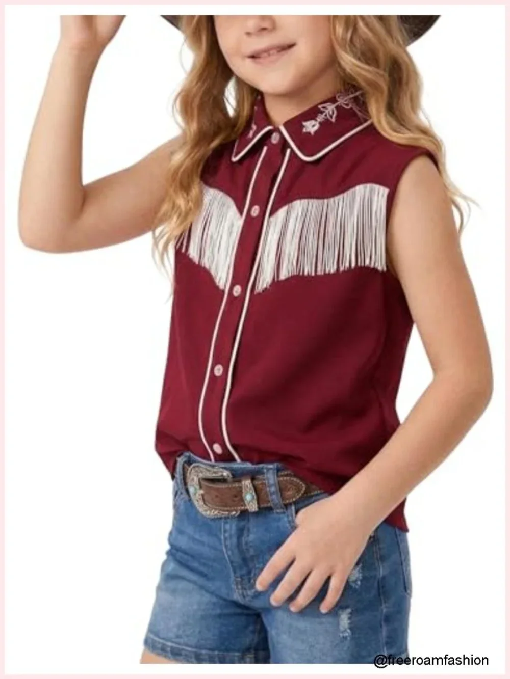 Sleeveless Fringe Cowgirl Blouse with Embroidered Collar Button Down